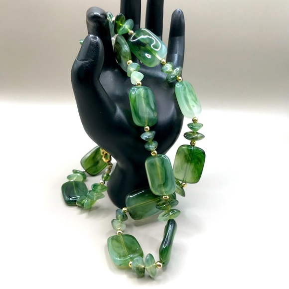 unbranded Jewelry - Marbled Green Acrylic & Silver-Tone Bead Necklace
